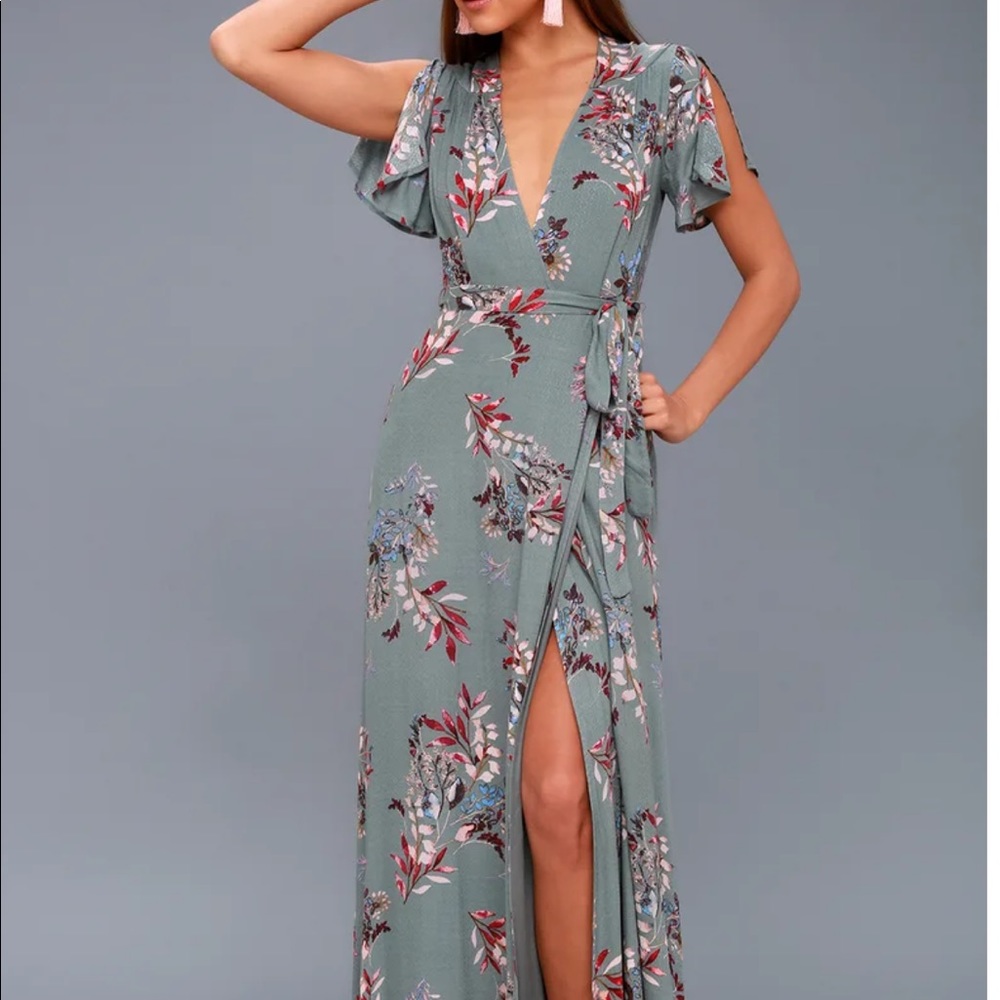 Lulus Fiorire Slate Blue Floral Print Maxi NWT!!